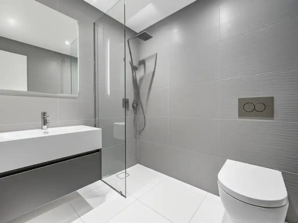 Modern bathroom renovation with new plumbing fixtures